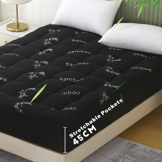 800GSM Mattress Topper Viscose Derived from Bamboo, Thick Pillowtop Fitted Mattress Cover with 45cm Deep Skirt - Machine Washable Hypoallergenic(King,Black)