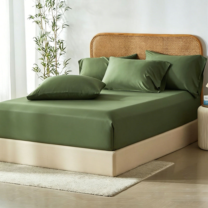 3 Piece Hotel Bamboo Cooling Fitted Sheet Set & Pillowcase -Ultra Soft 2000TC Breathable Fitted Bed Sheets Set with 37 Centimetre Deep Pocket-Cooling Sheets for Hot Sleepers(Olive green,Double)