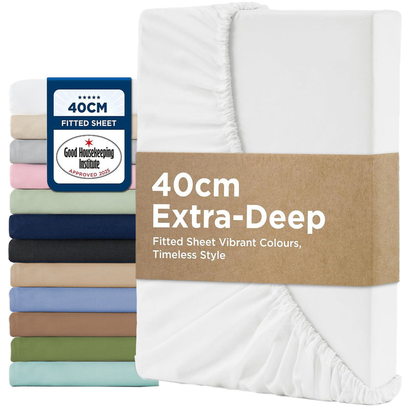 2000TC Hotel Quality Fitted Sheets - 2 Piece Fitted Sheets  -Breathable Bedding - Wrinkle, Fade, Stain Resistant- 16inch/40cm Deep Pocket Fitted Bed Sheets-Wrinkle and Fade Resistant,(White,Double)