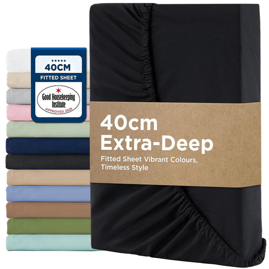 2000TC Hotel Quality Fitted Sheets - 2 Piece Fitted Sheets  -Breathable Bedding - Wrinkle, Fade, Stain Resistant- 16inch/40cm Deep Pocket Fitted Bed Sheets-Wrinkle and Fade Resistant,(Black,Double)