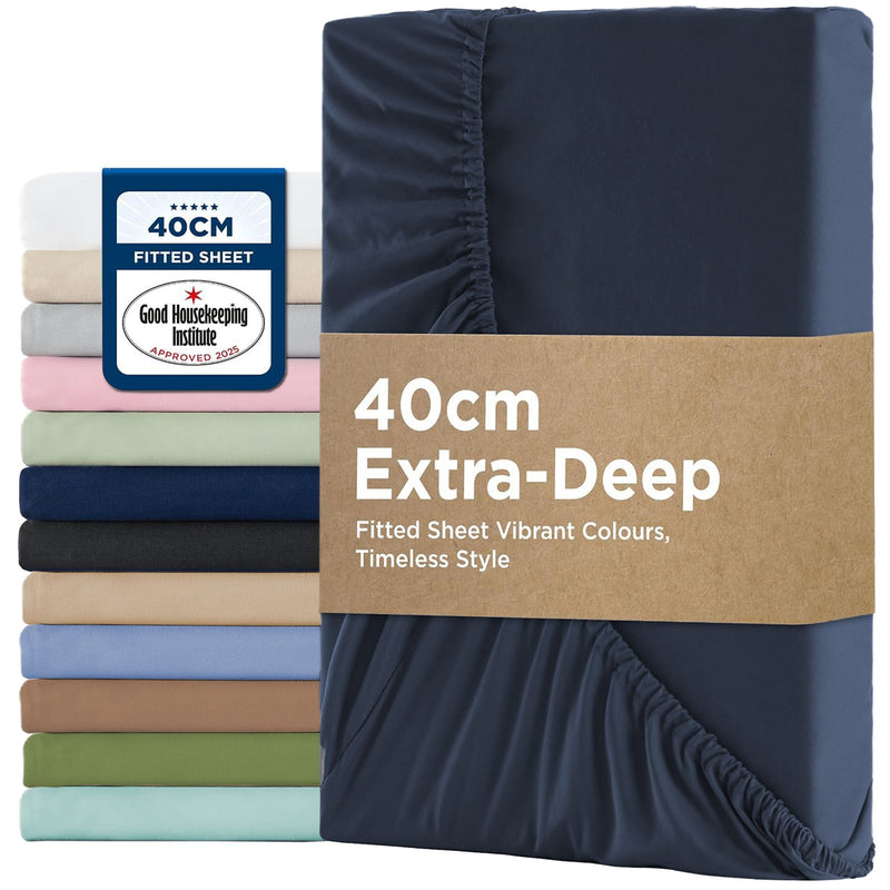 2000TC Hotel Quality Fitted Sheets - 2 Piece Fitted Sheets  -Breathable Bedding - Wrinkle, Fade, Stain Resistant- 16inch/40cm Deep Pocket Fitted Bed Sheets-Wrinkle and Fade Resistant,(Navy,Double)
