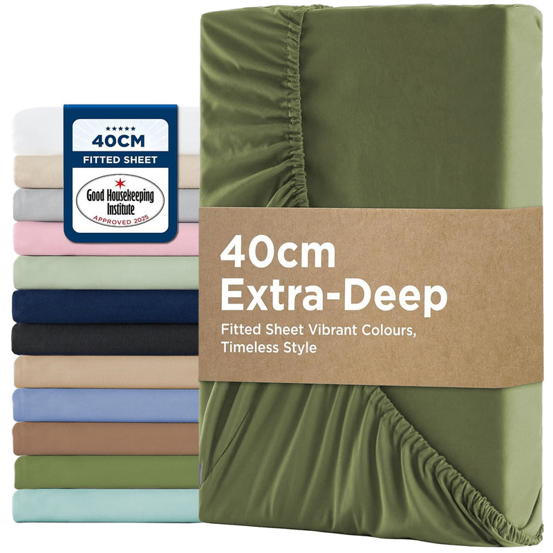 2000TC Hotel Quality Fitted Sheets - 2 Piece Fitted Sheets  -Breathable Bedding - Wrinkle, Fade, Stain Resistant- 16inch/40cm Deep Pocket Fitted Bed Sheets-Wrinkle and Fade Resistant,(Olive green,Super King)