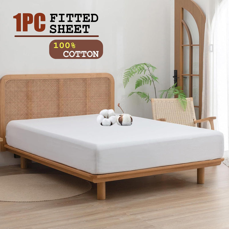 100% Cotton Fitted Sheet - Super Soft 40cm Deep Pocket Bottom Sheets - White Elastic Sheet（Queen,White)
