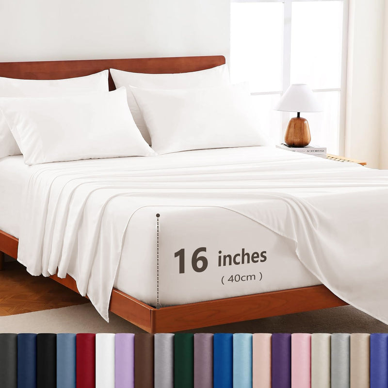 Hotel Soft Bed Sheet Set- Bedding Sheets & Pillowcases -Breathable Bedding - Wrinkle, Fade, Stain Resistant-Deep Pocket Flat Fitted Bed Sheet Set(White,Double)