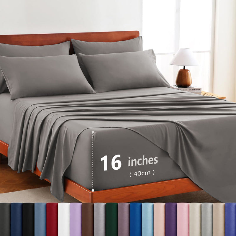Hotel Soft Bed Sheet Set- Bedding Sheets & Pillowcases -Breathable Bedding - Wrinkle, Fade, Stain Resistant-Deep Pocket Flat Fitted Bed Sheet Set(Grey,Double)