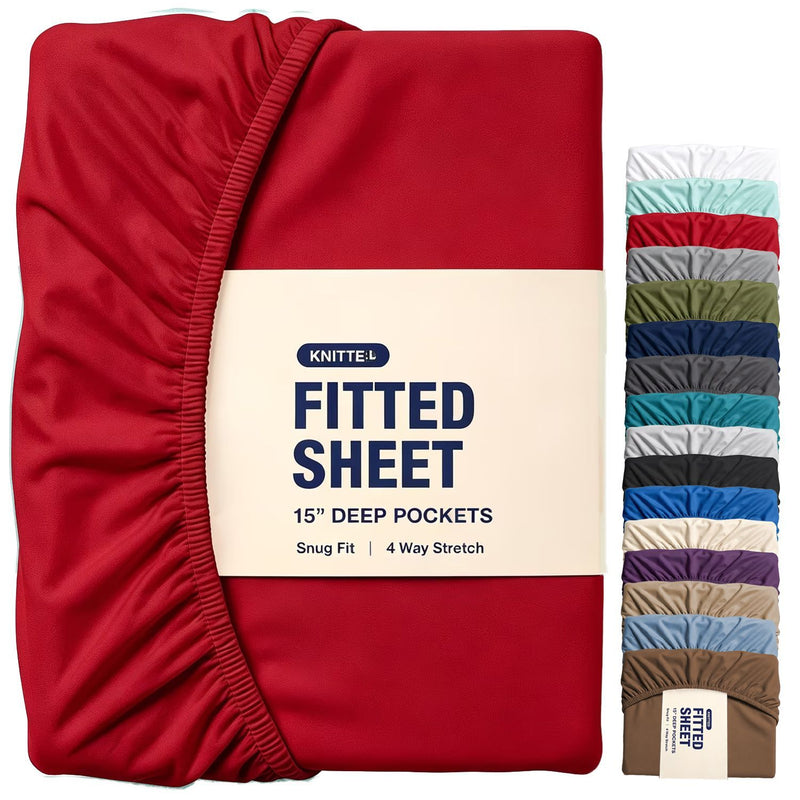 Hotel Quality Fitted Sheet - 1 Piece Fitted Sheet  -Breathable Bedding - Wrinkle, Fade, Stain Resistant- 16inch/40cm Deep Pocket Fitted Bed Sheet-Wrinkle and Fade Resistant,(Red,King Single)