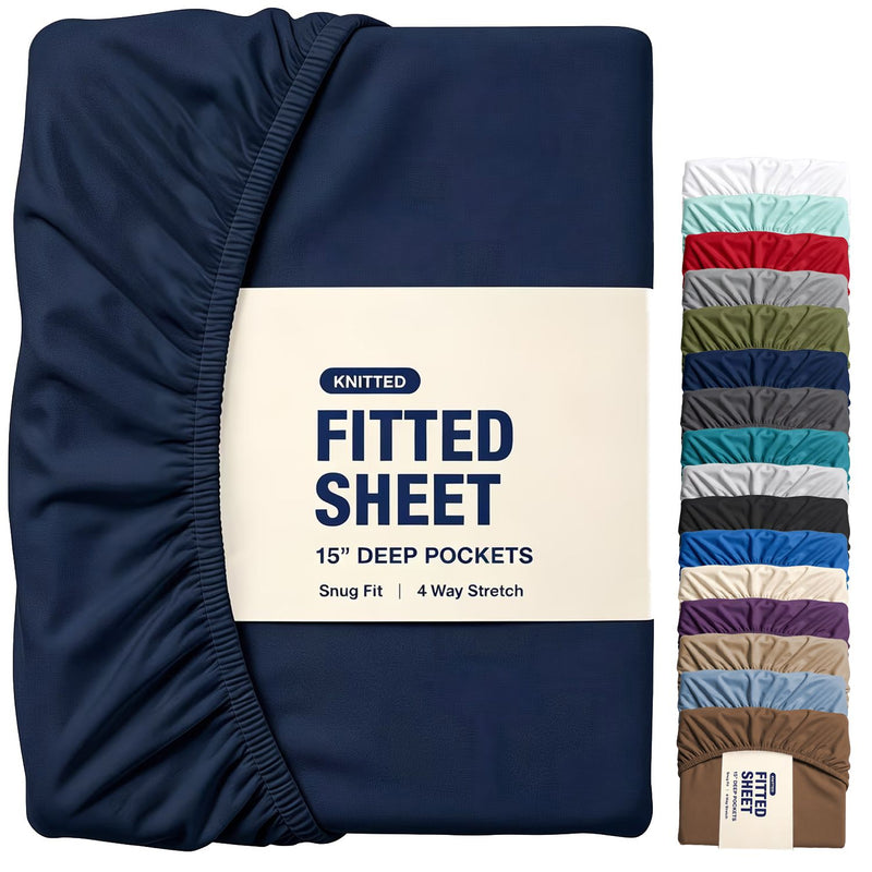 Hotel Quality Fitted Sheet - 1 Piece Fitted Sheet  -Breathable Bedding - Wrinkle, Fade, Stain Resistant- 16inch/40cm Deep Pocket Fitted Bed Sheet-Wrinkle and Fade Resistant,(Navy,King Single)