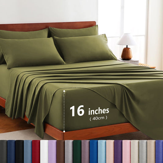 Hotel Soft Bed Sheet Set- Bedding Sheets & Pillowcases -Breathable Bedding - Wrinkle, Fade, Stain Resistant-Deep Pocket Flat Fitted Bed Sheet Set(Olive green,Single)