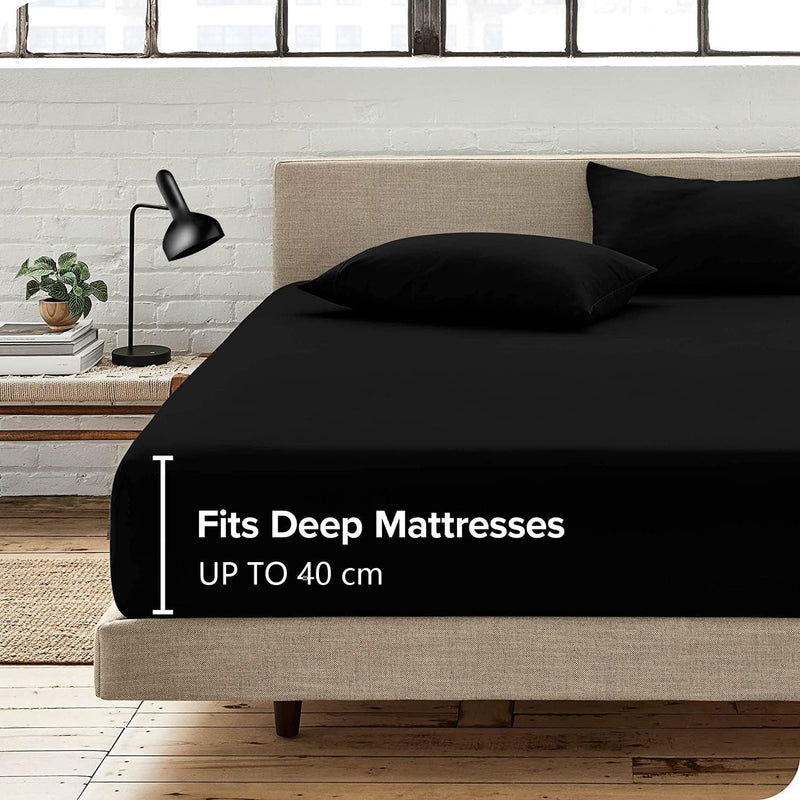 3 Piece Fitted Sheet Set- Fitted Sheet & Pillowcases -Breathable Bedding - Wrinkle, Fade, Stain Resistant- 40cm Deep Pocket Fitted Bed Sheet Set(Black,Double)