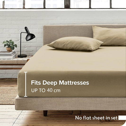 3 Piece Fitted Sheet Set- Fitted Sheet & Pillowcases -Breathable Bedding - Wrinkle, Fade, Stain Resistant- 40cm Deep Pocket Fitted Bed Sheet Set(Camel Beige,Double)