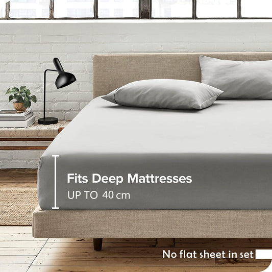 3 Piece Fitted Sheet Set- Fitted Sheet & Pillowcases -Breathable Bedding - Wrinkle, Fade, Stain Resistant- 40cm Deep Pocket Fitted Bed Sheet Set(Silver-gray,Double)
