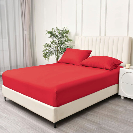 3 Piece Fitted Sheet Set- Fitted Sheet & Pillowcases -Breathable Bedding - Wrinkle, Fade, Stain Resistant- 40cm Deep Pocket Fitted Bed Sheet Set(Red,King)