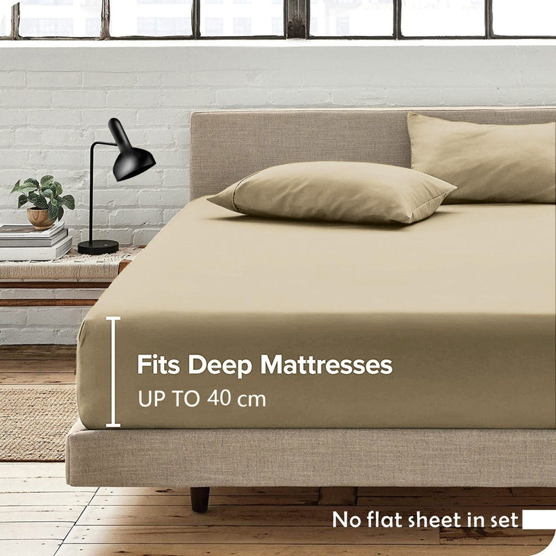 2 Piece Fitted Sheet Set- Fitted Sheet & Pillowcases -Breathable Bedding - Wrinkle, Fade, Stain Resistant- 40cm Deep Pocket Fitted Bed Sheet Set(Camel Beige,Single)