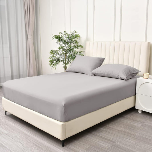 3 Piece Fitted Sheet Set- Fitted Sheet & Pillowcases -Breathable Bedding - Wrinkle, Fade, Stain Resistant- 40cm Deep Pocket Fitted Bed Sheet Set(Silver-gray,Super King)