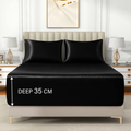 Satin Fitted Sheet Set Hotel 3 Pieces Fitted Sheet with Pillowcase, Art Silk Bedding Set-Luxury Soft Silky Sheets for Hair and Skin, Similar to Silk Fitted Sheets Set 3 Pieces(Double,Black)