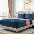 Satin Fitted Sheet Set Hotel 3 Pieces Fitted Sheet with Pillowcase, Art Silk Bedding Set-Luxury Soft Silky Sheets for Hair and Skin, Similar to Silk Fitted Sheets Set 3 Pieces(Double,Navy)