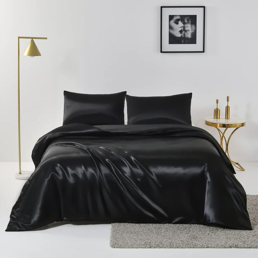 Satin Quilt cover Set Hotel 3 Pieces Quilt cover with Pillowcase, Art Silk Bedding Set-Luxury Soft Silky pillowcase for Hair and Skin, Similar to Silk Duvet/Donna Cover Set- 3 Pieces(King,Black)