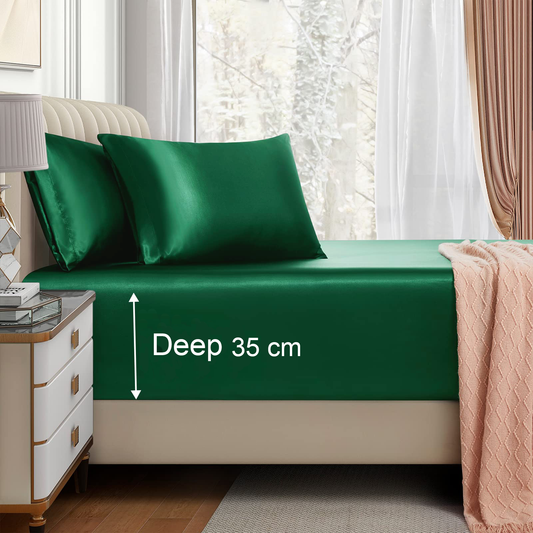 Satin Fitted Sheet Set Hotel 3 Pieces Fitted Sheet with Pillowcase, Art Silk Bedding Set-Luxury Soft Silky Sheets for Hair and Skin, Similar to Silk Fitted Sheets Set 3 Pieces(KING,Green)