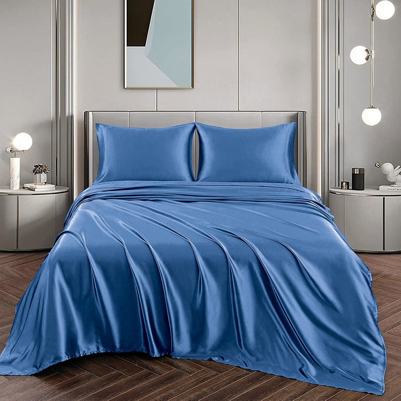 Art Silk Satin Sheet Set Hotel 3 Pieces Fitted/Flat Sheet Bedding Set-Luxury Soft Silky Sheets for Hair and Skin, Similar to Silk Bed Sheets Set 3 Pieces(King Single,Ocean)