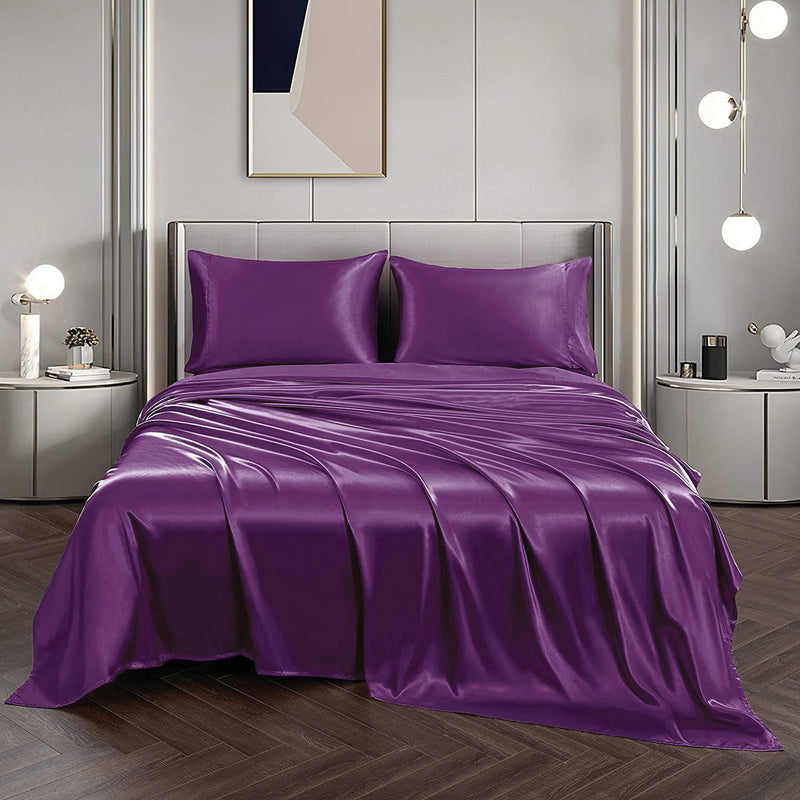 Art Silk Satin Sheet Set Hotel 3 Pieces Fitted/Flat Sheet Bedding Set-Luxury Soft Silky Sheets for Hair and Skin, Similar to Silk Bed Sheets Set 3 Pieces(King Single,Purple)