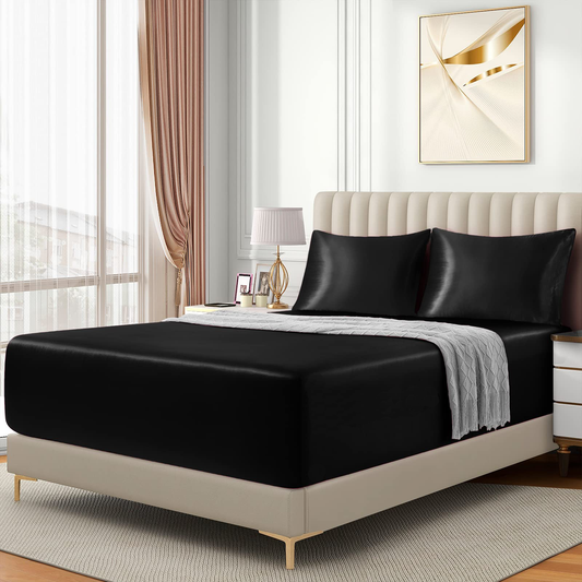 Satin Fitted Sheet Set Hotel 3 Pieces Fitted Sheet with Pillowcase, Art Silk Bedding Set-Luxury Soft Silky Sheets for Hair and Skin, Similar to Silk Fitted Sheets Set 3 Pieces(Queen,Black)