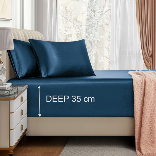 Satin Fitted Sheet Set Hotel 3 Pieces Fitted Sheet with Pillowcase, Art Silk Bedding Set-Luxury Soft Silky Sheets for Hair and Skin, Similar to Silk Fitted Sheets Set 3 Pieces(QUEEN,Navy)