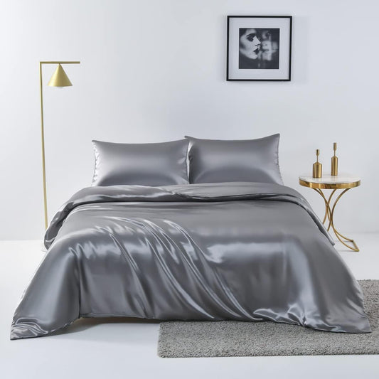 Satin Quilt cover Set Hotel 3 Pieces Quilt cover with Pillowcase, Art Silk Bedding Set-Luxury Soft Silky pillowcase for Hair and Skin, Similar to Silk Duvet/Donna Cover Set- 3 Pieces(SUPER KING,Grey)