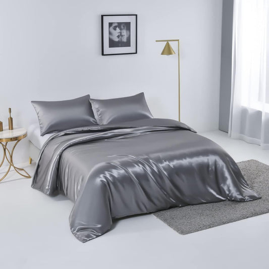 Satin Quilt cover Set Hotel 3 Pieces Quilt cover with Pillowcase, Art Silk Bedding Set-Luxury Soft Silky pillowcase for Hair and Skin, Similar to Silk Duvet/Donna Cover Set- 3 Pieces(Super King,Grey)