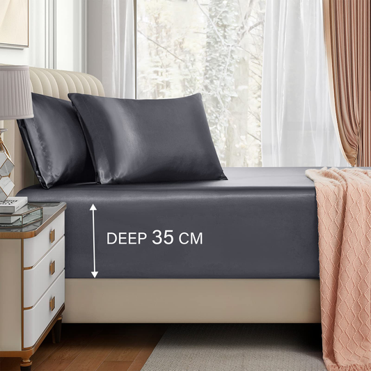 Satin Fitted Sheet Set Hotel 3 Pieces Fitted Sheet with Pillowcase, Art Silk Bedding Set-Luxury Soft Silky Sheets for Hair and Skin, Similar to Silk Fitted Sheets Set 3 Pieces(SUPER KING,Grey)