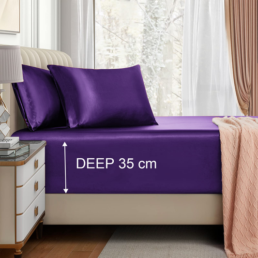 Satin Fitted Sheet Set Hotel 3 Pieces Fitted Sheet with Pillowcase, Art Silk Bedding Set-Luxury Soft Silky Sheets for Hair and Skin, Similar to Silk Fitted Sheets Set 3 Pieces(SUPER KING,Purple)