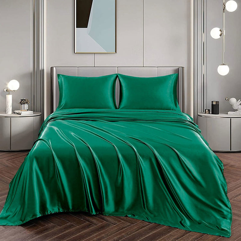 Art Silk Satin Sheet Set Hotel 4 Pieces Fitted/Flat Sheet Bedding Set-Luxury Soft Silky Sheets for Hair and Skin, Similar to Silk Bed Sheets Set 4 Pieces(Super King,Green)