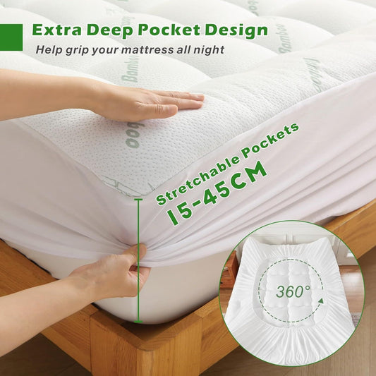 800GSM Mattress Topper Viscose Derived from Bamboo, Thick Pillowtop Fitted Mattress Cover with 45cm Deep Skirt - Machine Washable Hypoallergenic(Double,Green)