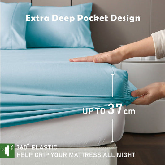3 Piece Hotel Bamboo Cooling Fitted Sheet Set & Pillowcase -Ultra Soft 2000TC Breathable Fitted Bed Sheets Set with 37 Centimetre Deep Pocket-Cooling Sheets for Hot Sleepers(Sky Blue,King)