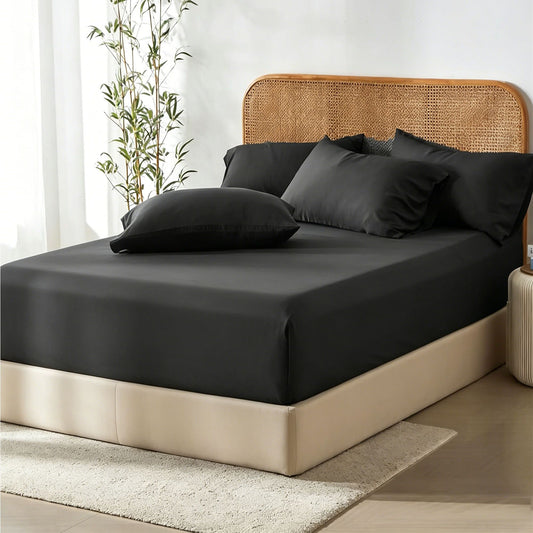 2 Piece Hotel Bamboo Cooling Fitted Sheet Set & Pillowcase -Ultra Soft 2000TC Breathable Fitted Bed Sheets Set with 37 Centimetre Deep Pocket-Cooling Sheets for Hot Sleepers(Black,King Single)