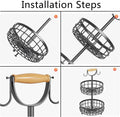 2-Tier Fruit Basket Bowl Storage with Wood Lift Handle and Dual Banana Tree Hanger for Kitchen Countertop