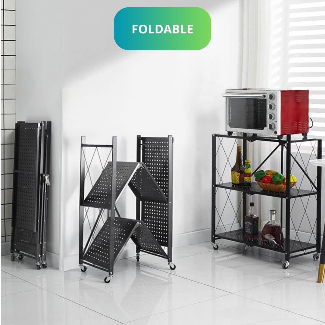 CARLA HOME 3-Tier Foldable Storage Shelf with Wheels for Kitchen, Garage, Pantry or Basement (Black)
