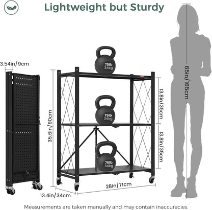 CARLA HOME 3-Tier Foldable Storage Shelf with Wheels for Kitchen, Garage, Pantry or Basement (Black)