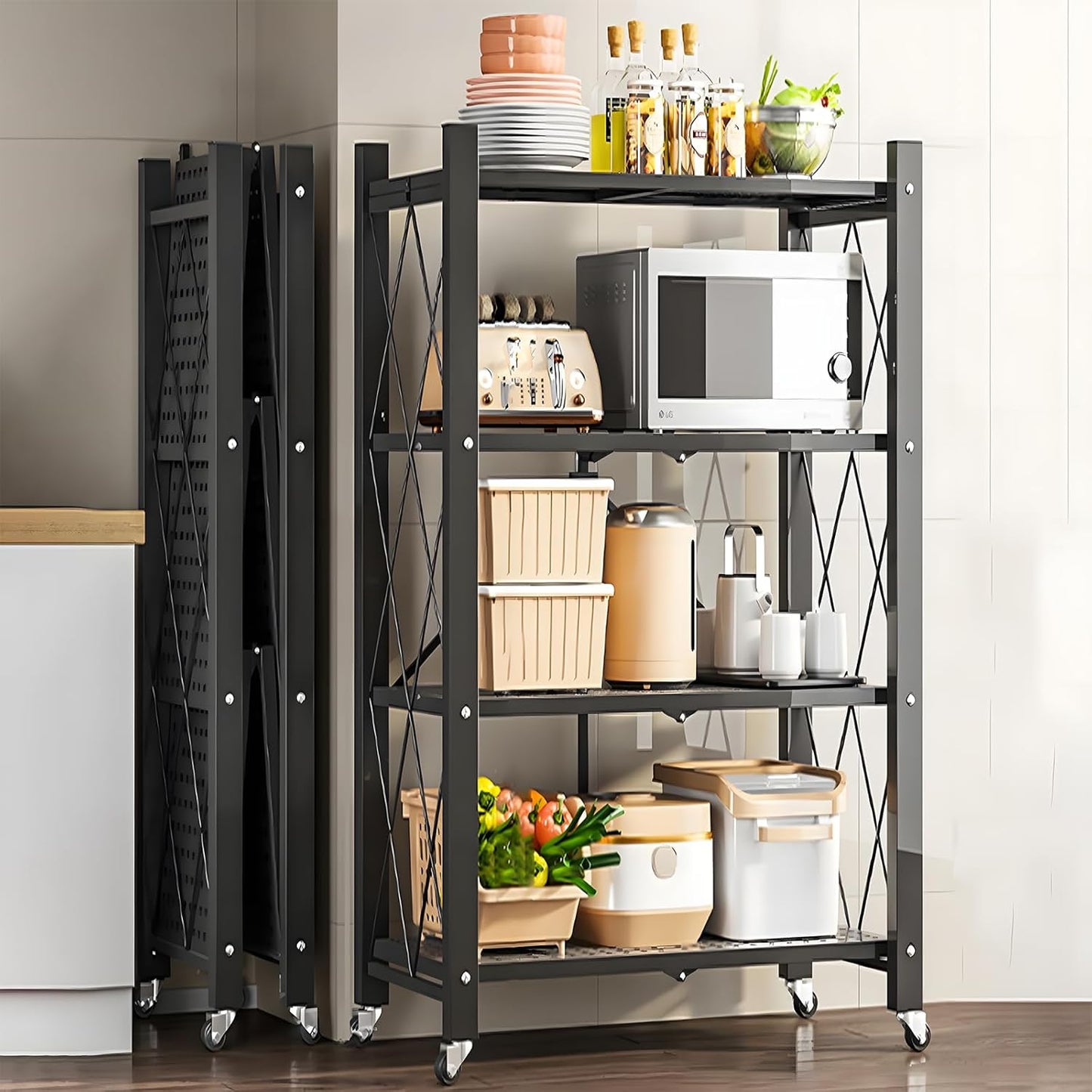 CARLA HOME 4-Tier Foldable Storage Shelf with Wheels for Kitchen, Garage, Pantry or Basement (Black)
