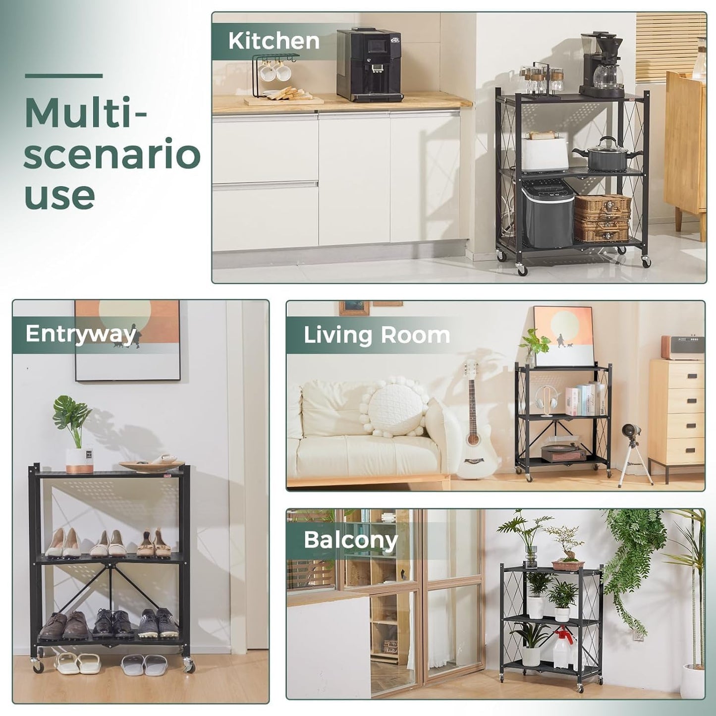 CARLA HOME 5-Tier Foldable Storage Shelf with Wheels for Kitchen, Garage, Pantry or Basement (Black)