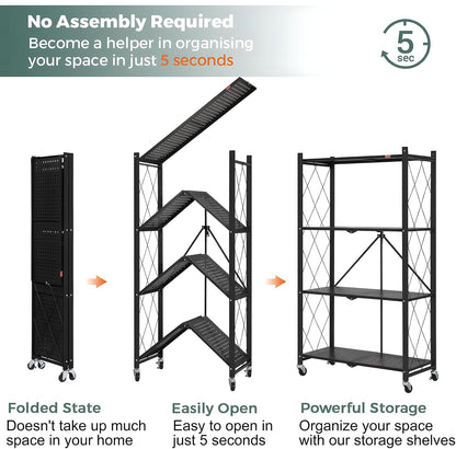 CARLA HOME 5-Tier Foldable Storage Shelf with Wheels for Kitchen, Garage, Pantry or Basement (Black)