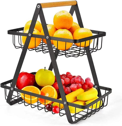 CARLA HOME 2-Tier Fruit Basket Stand for Kitchen Countertop for Fruits, Vegetables, Bread & Snacks with Wooden Handle