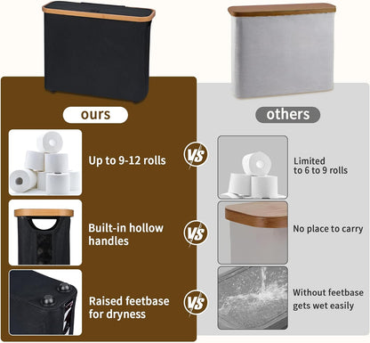 CARLA HOME Toilet Paper Storage Basket Holds Up to 12 Rolls with Bamboo Lid and Handle for RV Closet (Black)