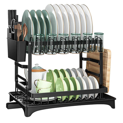 CARLA HOME 2-Tier Dish Drying Rack with Drainage Tray, Utensil Holder, Cup Hooks & Cutting Board Slot for Countertop Kitchen Storage (Black)