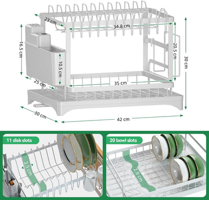 CARLA HOME 2-Tier Dish Drying Rack with Drainage Tray, Utensil Holder, Cup Hooks & Cutting Board Slot for Countertop Kitchen Storage (White)