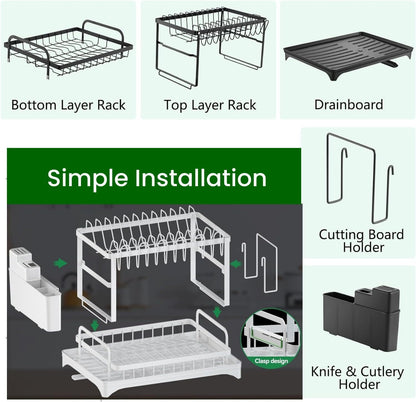 CARLA HOME 2-Tier Dish Drying Rack with Drainage Tray, Utensil Holder, Cup Hooks & Cutting Board Slot for Countertop Kitchen Storage (White)