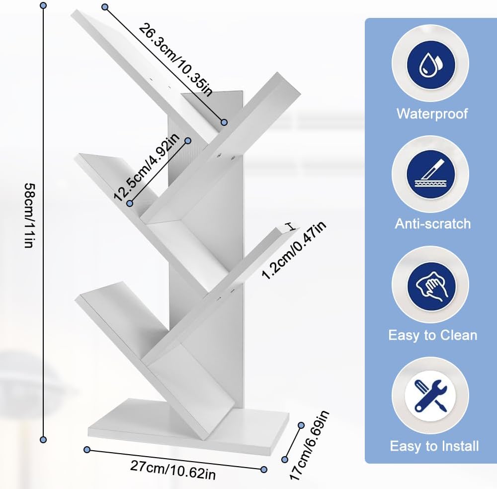 CARLA HOME 5-Tier Tree Bookshelf Storage Rack for Home Office or Bedroom (White)