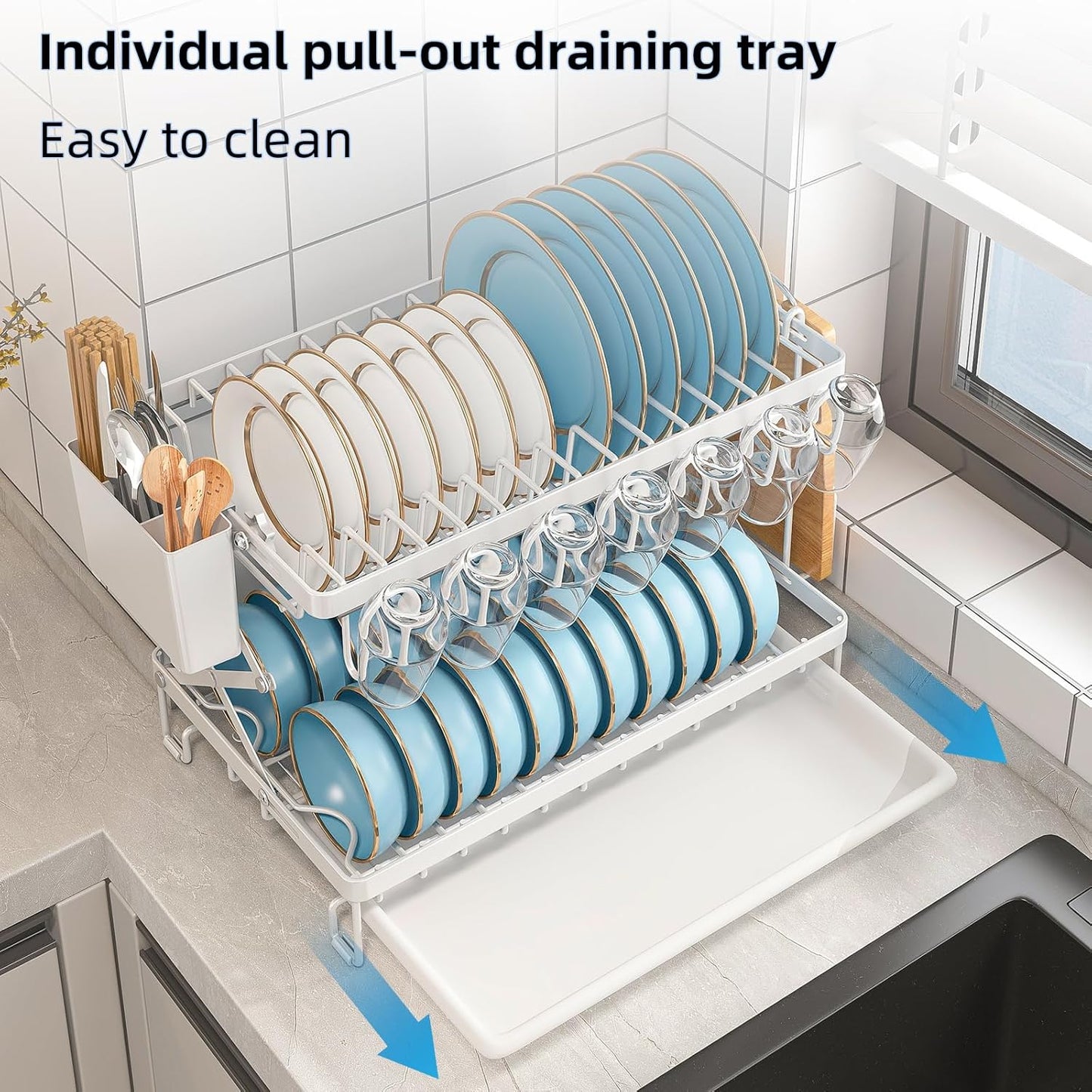 CARLA HOME 2-Tier Dish Drying Rack with Drainage Tray, Utensil Holder, Cup Hooks & Cutting Board Rack for Kitchen (White)