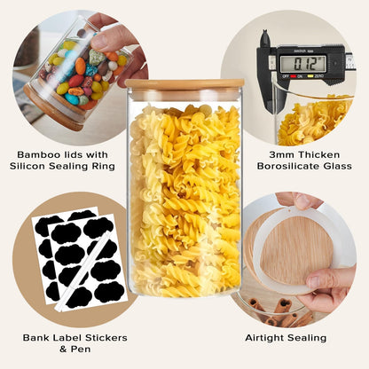 CARLA HOME 6 Pack Glass Storage Jars with Bamboo Lids for Kitchen Pantry, Pasta, Snacks, Cookies, Candy & More