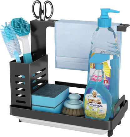 CARLA HOME Kitchen Sink Caddy Organizer with Sponge, Soap & Brush Storage and Rag Rack, Drain Tray & Utensil Holder