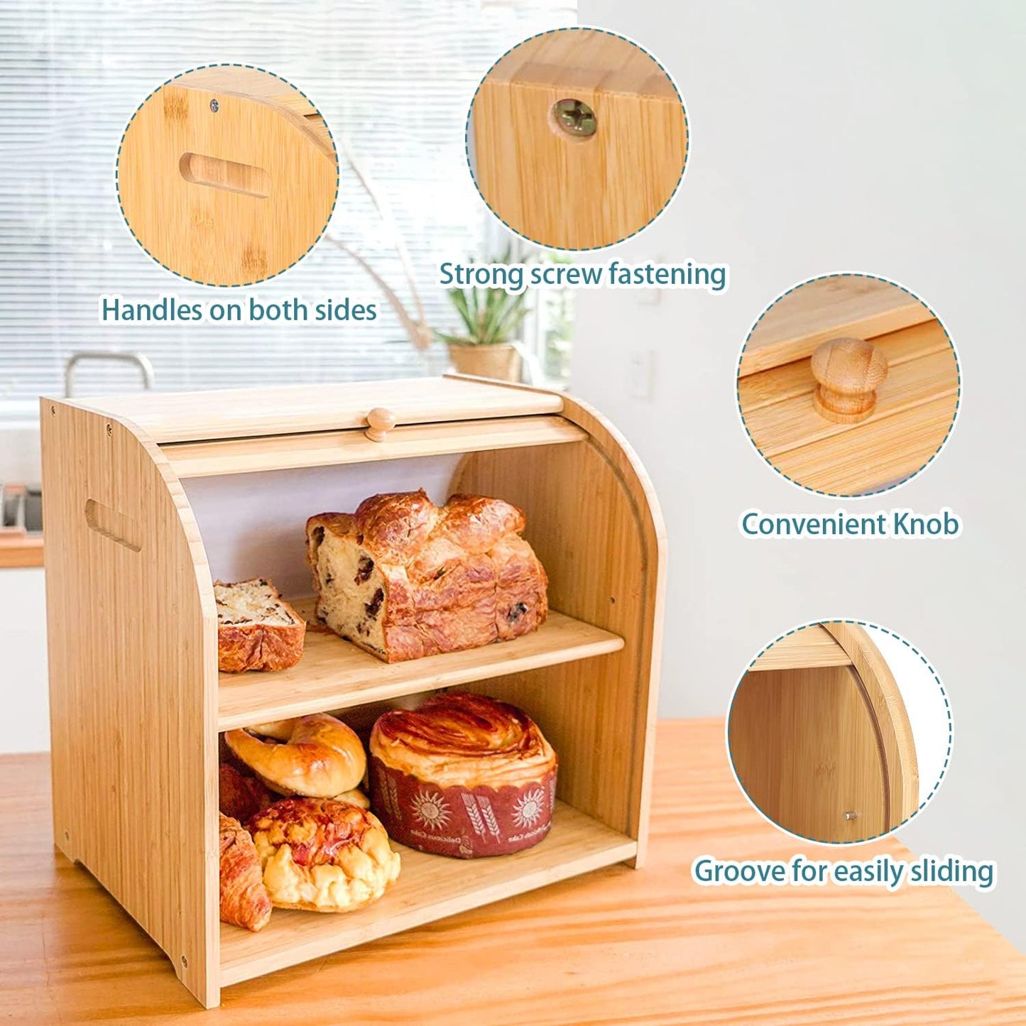 CARLA HOME Large Bamboo Bread Box Storage Organizer with Roll Top for Kitchen Counter